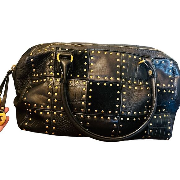 Michael Kors Astor black Leather Patchwork Croc Embossed Studded Satchel Suede - Picture 10 of 13